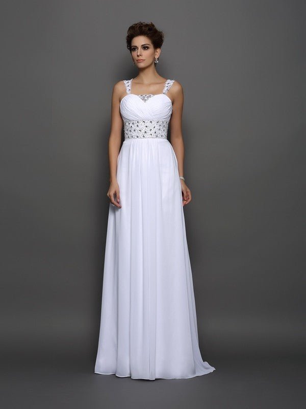 NumberSea - A - Line/Princess Straps Beading Sleeveless Long Chiffon Wedding Dresses