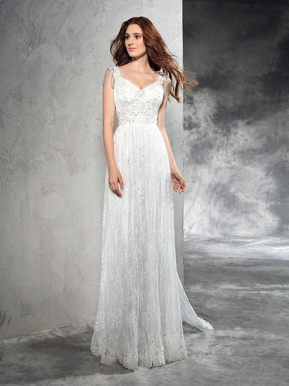 NumberSea - A - Line/Princess Straps Lace Sleeveless Long Lace Wedding Dresses