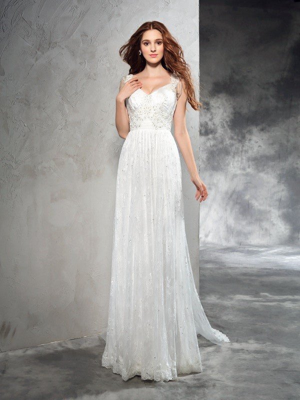 NumberSea - A - Line/Princess Straps Lace Sleeveless Long Lace Wedding Dresses