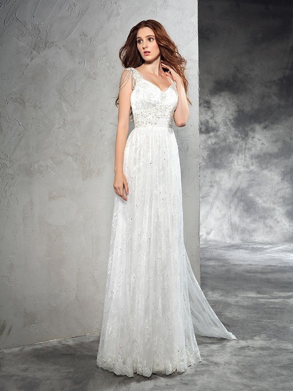 NumberSea - A - Line/Princess Straps Lace Sleeveless Long Lace Wedding Dresses