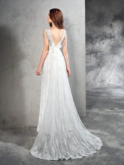 NumberSea - A - Line/Princess Straps Lace Sleeveless Long Lace Wedding Dresses