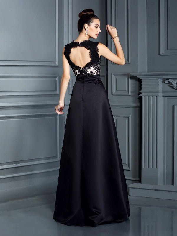 NumberSea - A - Line/Princess Straps Lace Sleeveless Long Satin Dresses