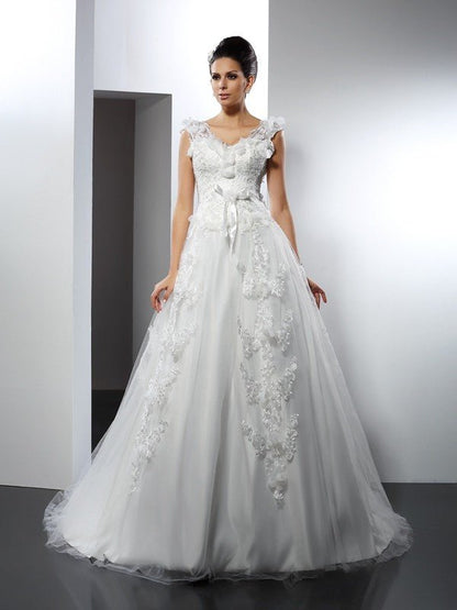 NumberSea - A - Line/Princess Straps Lace Sleeveless Long Satin Wedding Dresses