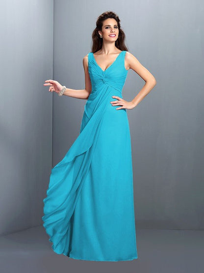 NumberSea - A - Line/Princess Straps Pleats Sleeveless Long Chiffon Bridesmaid Dresses