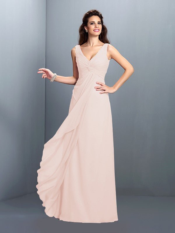 NumberSea - A - Line/Princess Straps Pleats Sleeveless Long Chiffon Bridesmaid Dresses