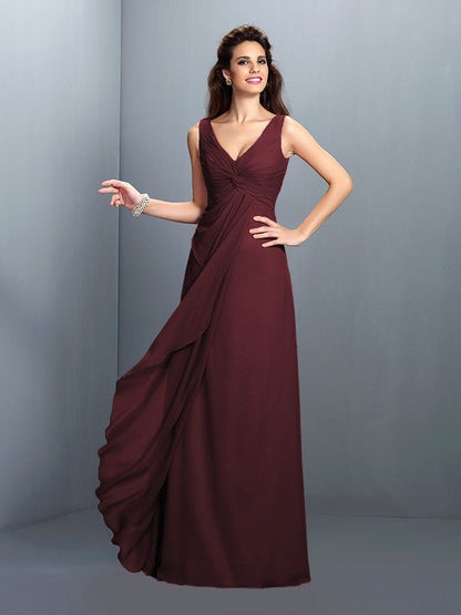 NumberSea - A - Line/Princess Straps Pleats Sleeveless Long Chiffon Bridesmaid Dresses