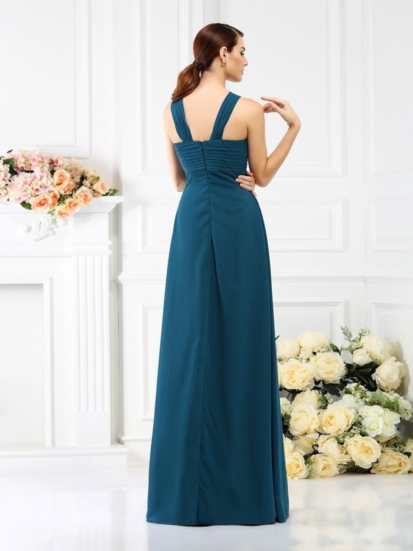 NumberSea - A - Line/Princess Straps Pleats Sleeveless Long Chiffon Bridesmaid Dresses