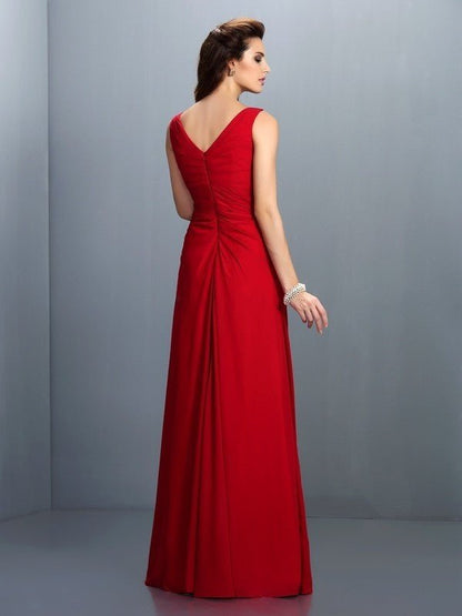 NumberSea - A - Line/Princess Straps Pleats Sleeveless Long Chiffon Bridesmaid Dresses