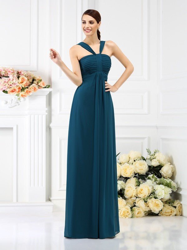 NumberSea - A - Line/Princess Straps Pleats Sleeveless Long Chiffon Bridesmaid Dresses