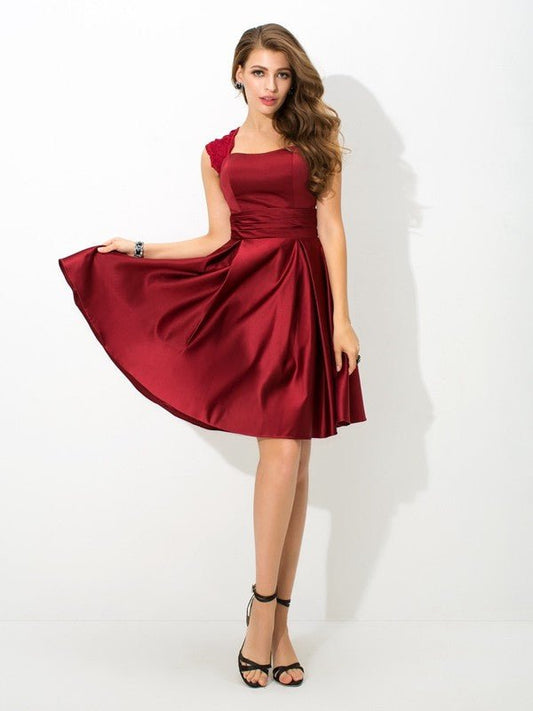 NumberSea - A - Line/Princess Straps Pleats Sleeveless Short Satin Bridesmaid Dresses