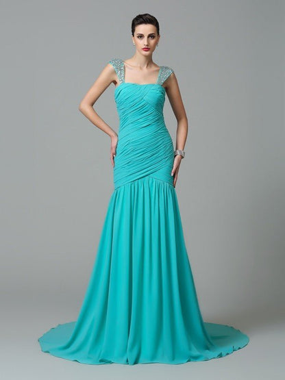 NumberSea - A - Line/Princess Straps Ruched Sleeveless Long Chiffon Dresses