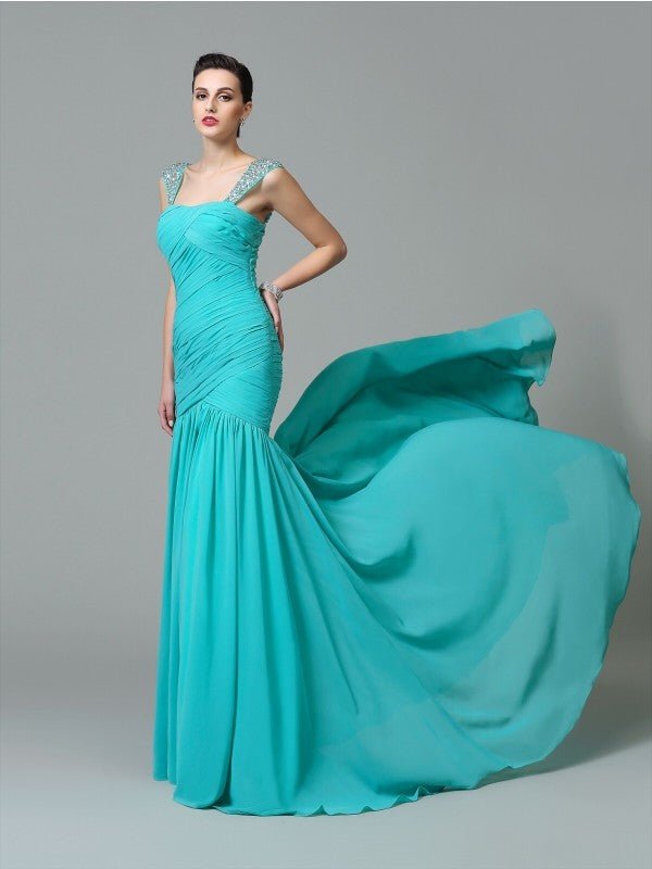 NumberSea - A - Line/Princess Straps Ruched Sleeveless Long Chiffon Dresses