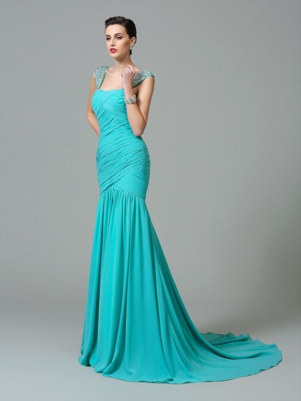 NumberSea - A - Line/Princess Straps Ruched Sleeveless Long Chiffon Dresses