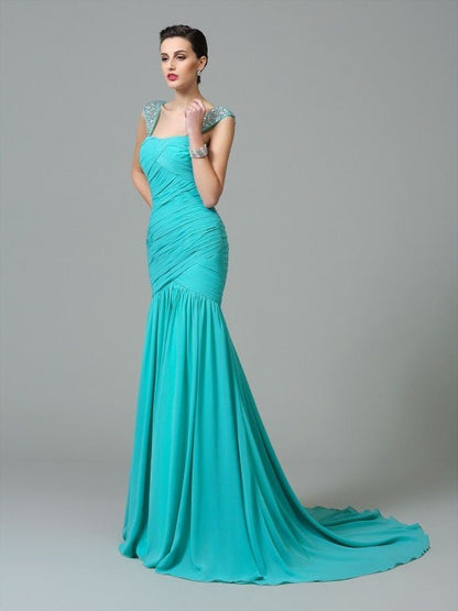 NumberSea - A - Line/Princess Straps Ruched Sleeveless Long Chiffon Dresses