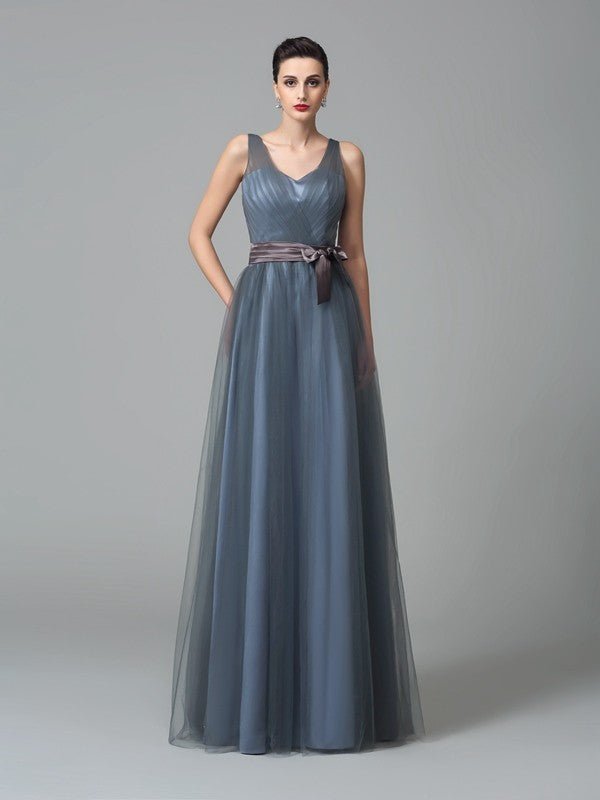 NumberSea - A - Line/Princess Straps Sash/Ribbon/Belt Sleeveless Long Net Bridesmaid Dresses