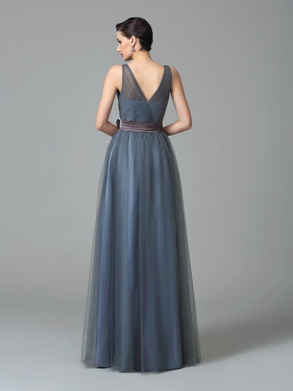 NumberSea - A - Line/Princess Straps Sash/Ribbon/Belt Sleeveless Long Net Bridesmaid Dresses