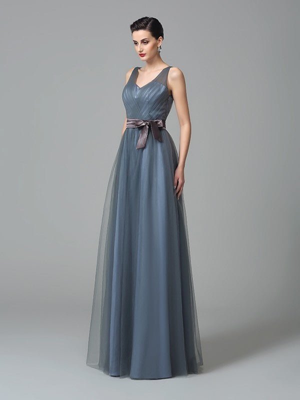 NumberSea - A - Line/Princess Straps Sash/Ribbon/Belt Sleeveless Long Net Bridesmaid Dresses