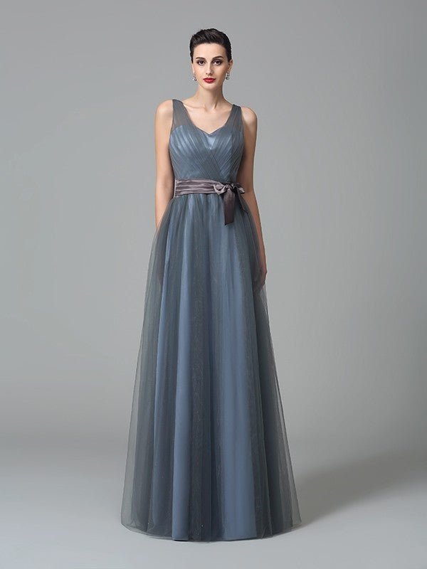 NumberSea - A - Line/Princess Straps Sash/Ribbon/Belt Sleeveless Long Net Bridesmaid Dresses