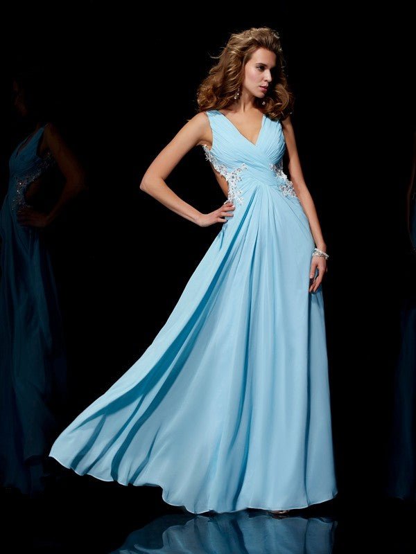 NumberSea - A - Line/Princess Straps Sleeveless Applique Beading Long Chiffon Dresses