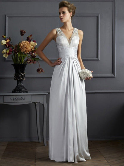 NumberSea - A - Line/Princess Straps Sleeveless Beading Long Silk like Satin Dresses