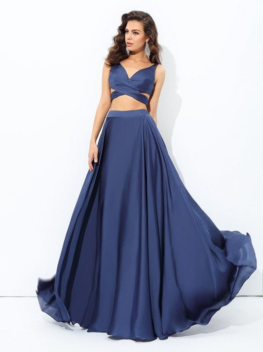 NumberSea - A - line/Princess Straps Sleeveless Long Satin Chiffon Two Piece Dresses