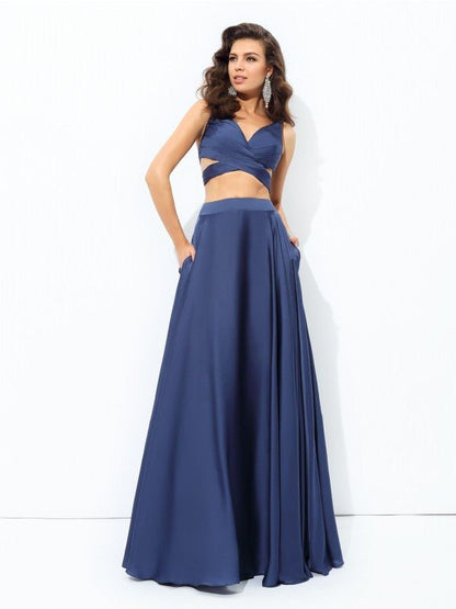 NumberSea - A - line/Princess Straps Sleeveless Long Satin Chiffon Two Piece Dresses