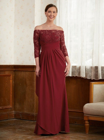 NumberSea - A - Line/Princess Stretch Crepe Lace Off - the - Shoulder 3/4 Sleeves Floor - Length Mother of the Bride Dresses