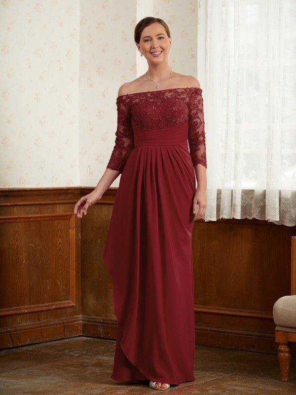 NumberSea - A - Line/Princess Stretch Crepe Lace Off - the - Shoulder 3/4 Sleeves Floor - Length Mother of the Bride Dresses