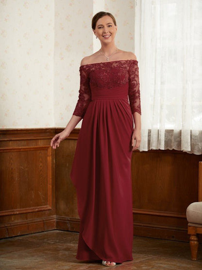 NumberSea - A - Line/Princess Stretch Crepe Lace Off - the - Shoulder 3/4 Sleeves Floor - Length Mother of the Bride Dresses