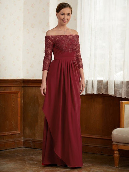 NumberSea - A - Line/Princess Stretch Crepe Lace Off - the - Shoulder 3/4 Sleeves Floor - Length Mother of the Bride Dresses