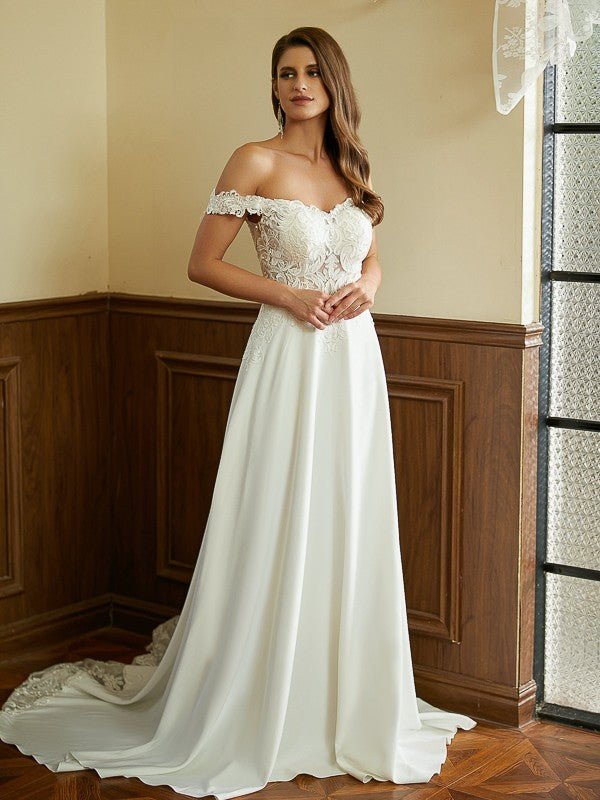 NumberSea - A - Line/Princess Stretch Crepe Lace Off - the - Shoulder Short Sleeves Court Train Wedding Dresses