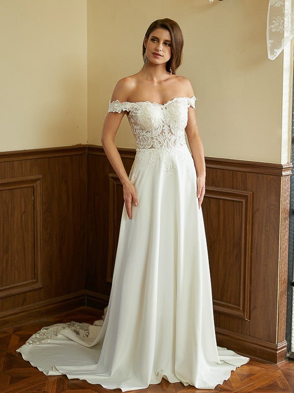 NumberSea - A - Line/Princess Stretch Crepe Lace Off - the - Shoulder Short Sleeves Court Train Wedding Dresses