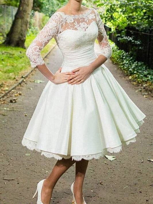 NumberSea - A - Line/Princess Stretch Crepe Lace Scoop 3/4 Sleeves Knee - Length Wedding Dresses