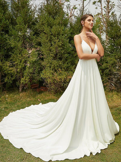 NumberSea - A - Line/Princess Stretch Crepe Lace V - neck Sleeveless Cathedral Train Wedding Dresses