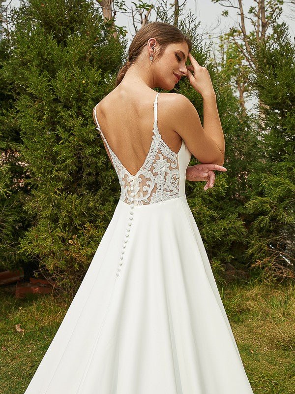 NumberSea - A - Line/Princess Stretch Crepe Lace V - neck Sleeveless Cathedral Train Wedding Dresses