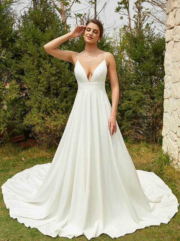 NumberSea - A - Line/Princess Stretch Crepe Lace V - neck Sleeveless Cathedral Train Wedding Dresses