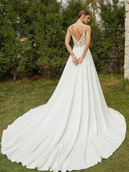 NumberSea - A - Line/Princess Stretch Crepe Lace V - neck Sleeveless Cathedral Train Wedding Dresses