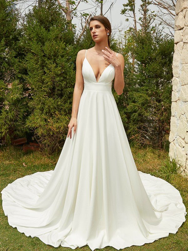 NumberSea - A - Line/Princess Stretch Crepe Lace V - neck Sleeveless Cathedral Train Wedding Dresses