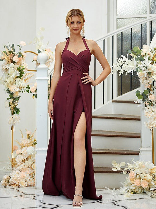 NumberSea - A - Line/Princess Stretch Crepe Ruched Halter Sleeveless Floor - Length Bridesmaid Dresses