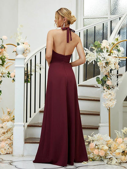 NumberSea - A - Line/Princess Stretch Crepe Ruched Halter Sleeveless Floor - Length Bridesmaid Dresses