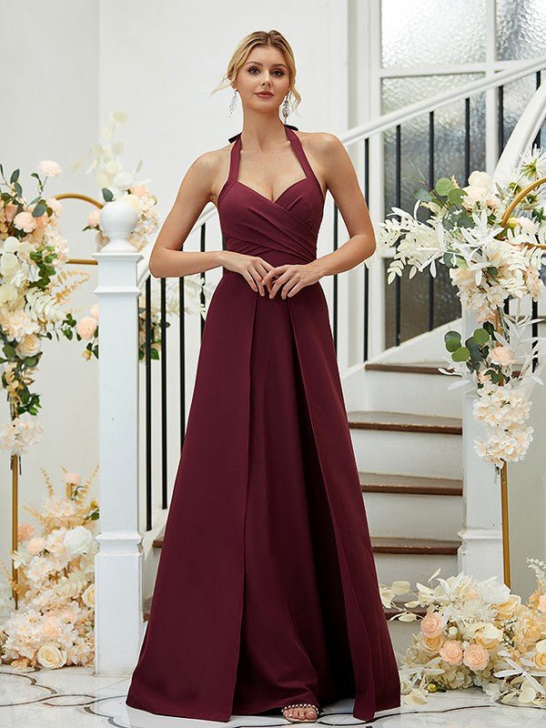 NumberSea - A - Line/Princess Stretch Crepe Ruched Halter Sleeveless Floor - Length Bridesmaid Dresses