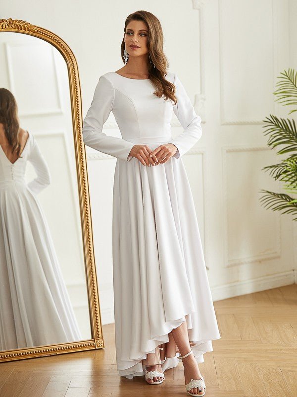 NumberSea - A - Line/Princess Stretch Crepe Ruffles Scoop Long Sleeves Asymmetrical Wedding Dresses