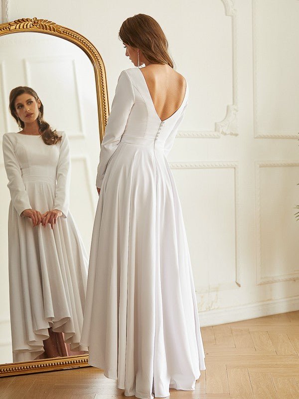 NumberSea - A - Line/Princess Stretch Crepe Ruffles Scoop Long Sleeves Asymmetrical Wedding Dresses