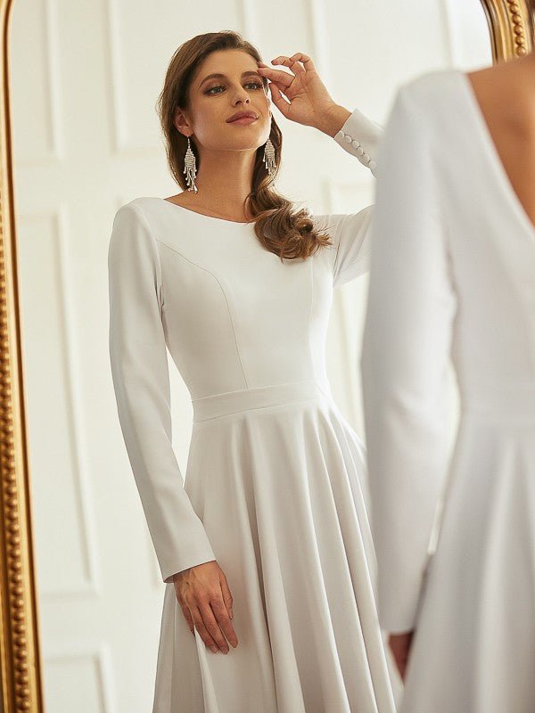 NumberSea - A - Line/Princess Stretch Crepe Ruffles Scoop Long Sleeves Asymmetrical Wedding Dresses