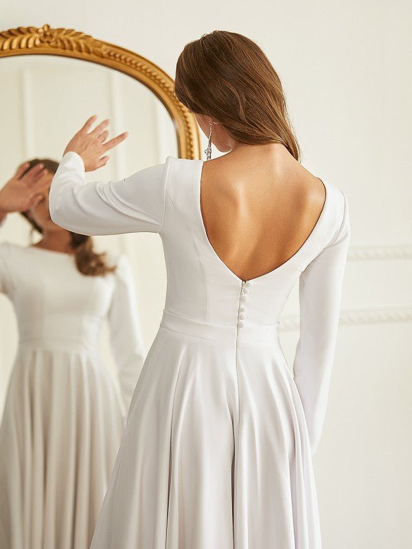 NumberSea - A - Line/Princess Stretch Crepe Ruffles Scoop Long Sleeves Asymmetrical Wedding Dresses