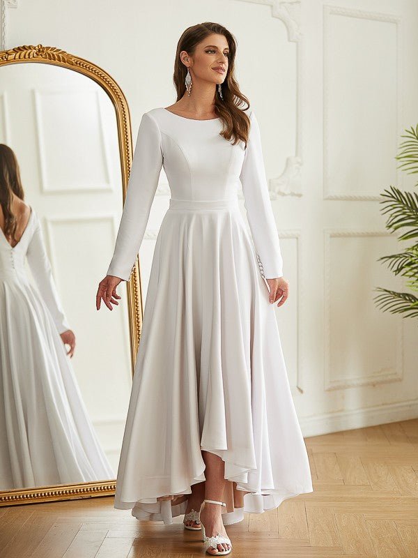 NumberSea - A - Line/Princess Stretch Crepe Ruffles Scoop Long Sleeves Asymmetrical Wedding Dresses