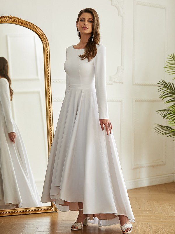 NumberSea - A - Line/Princess Stretch Crepe Ruffles Scoop Long Sleeves Asymmetrical Wedding Dresses