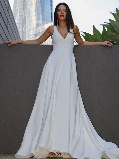 NumberSea - A - Line/Princess Stretch Crepe Ruffles V - neck Sleeveless Sweep/Brush Train Wedding Dresses