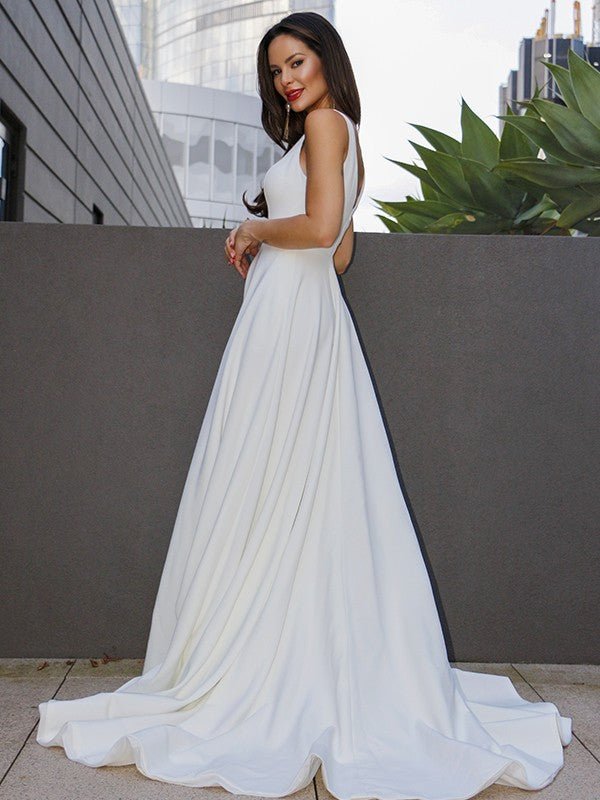 NumberSea - A - Line/Princess Stretch Crepe Ruffles V - neck Sleeveless Sweep/Brush Train Wedding Dresses