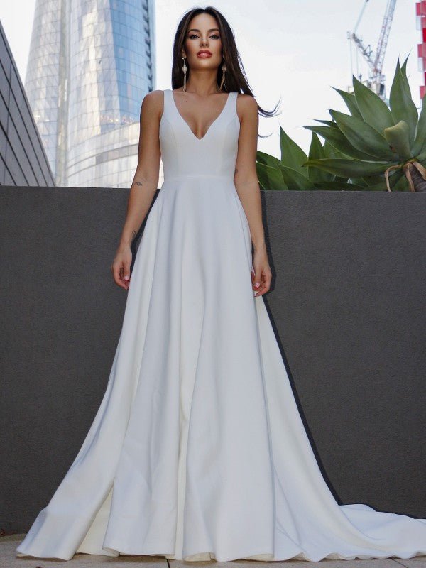 NumberSea - A - Line/Princess Stretch Crepe Ruffles V - neck Sleeveless Sweep/Brush Train Wedding Dresses